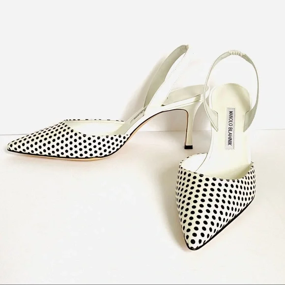 NWT: MANOLO BLAHNIK | White with Black Polkadots Carolyne Kitten-Heel Pumps - Picture 2 of 11